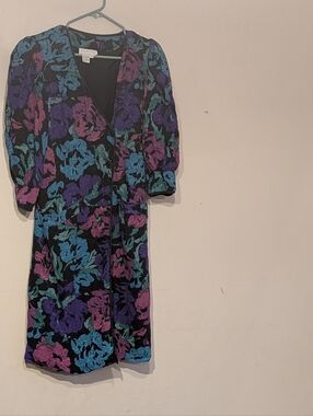 Floral Long Sleeve Wrap Dress in Black with Teal, Purple & Pink